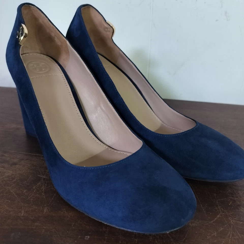 Zapatos de salón Tory Burch azul gamuza tacón bloque Elizabeth talla 9M clásicos punta redonda Foto 3 de 4
