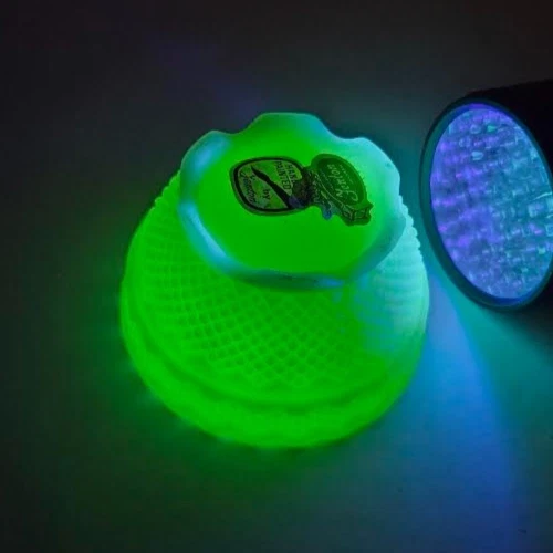 Fenton Uranium Vaseline Glass Hobnail Candle Holder UV Glow Hand Painted VTG