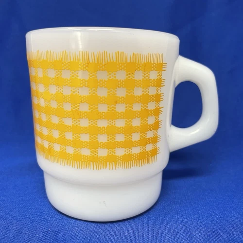 Fire-King Anchor Hocking Yellow Gingham Plaid Stackable White Mug Cup Milk Glass