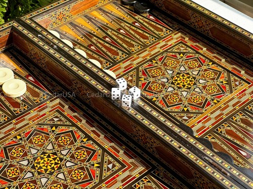 Tawla Backgammon Board and Chess Set From Lebanon - Handmade Real Pearl Inlays - Picture 14 of 16