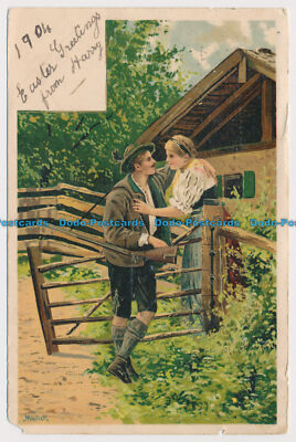 R640522 Ostergrüße. Der Jäger verabschiedet sich von seiner Frau. 1904