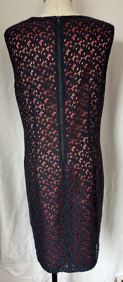 Tahari Petite Navy Overlay Orange Cotton Dress Sheath Sleeveless Womens 14P - Image 3 of 4