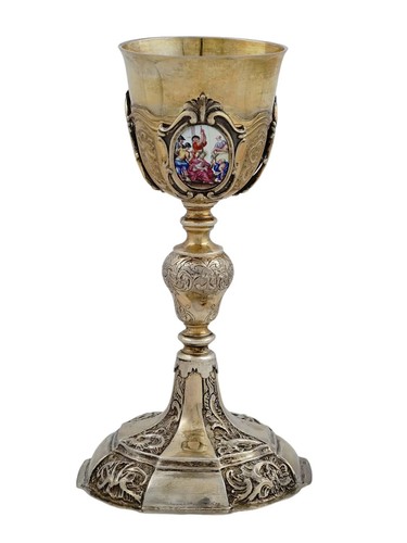 A Gilt-Silver Communion Chalice With 3 Painted Enamel Miniatures, 19Th Cen. - Picture 2 of 4