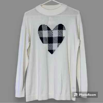 TALBOTS women's medium mock neck sweater gingham heart ivory navy