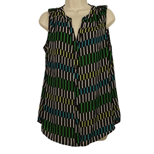 Worthington ärmellose Bluse mit V-Ausschnitt und Knopfleiste Damen Gr. L schwarz bunt