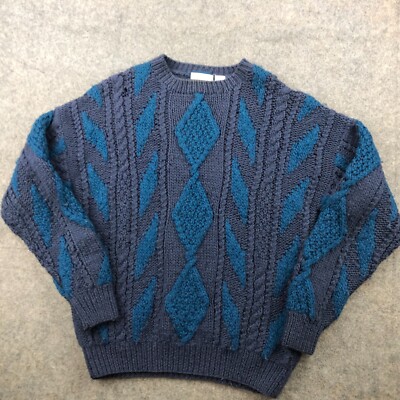 Vintage Claiborne Sweater Mens XL Blue Knitted By Hand 100% Wool