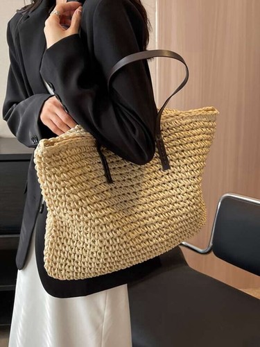 Damen große Stroh Beuteltaschen Reißverschluss Strand Handtasche Sommer großer Griff  - Bild 2 von 7