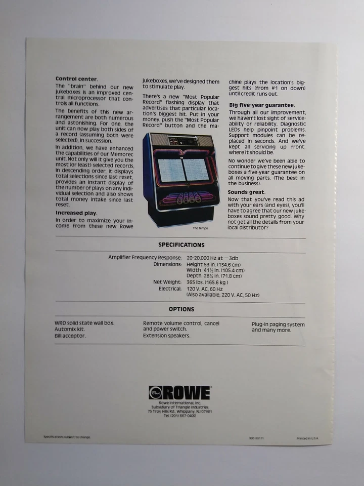 Rowe Tempo Model R-84 1980 Jukebox Flyer Vintage Phonograph Music Art Promo - Image 3 of 4