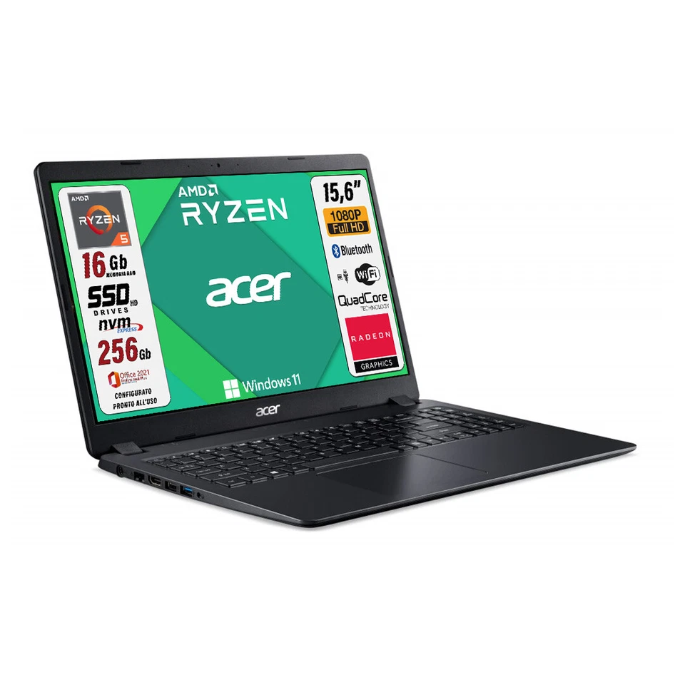 Acer Aspire Ryzen 5 3500U SSD 256 GB RAM 16 GB 15,6 FHD Radeon Office21 Win11Pro - Immagine 2 di 4