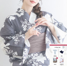 Yukata Summer kimono Separated type 4-piece set Camellia japonica sumi-e black