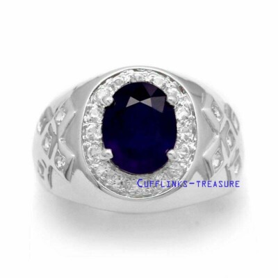 Natural Blue sapphire & CZ Gemstones 925 sterling Silver Ring for men's #455