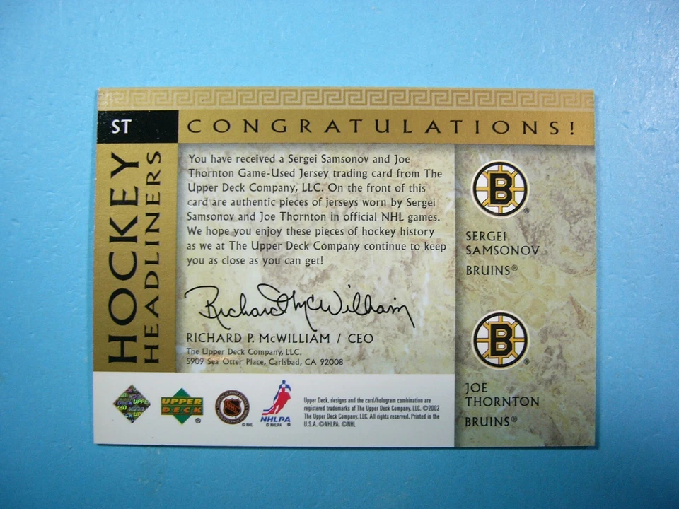 Tarjeta de hockey 2002/03 Upper Deck SP DOBLE JERSEY ST Sergei Samsonov Joe Thornton casi nueva Foto 2 de 2