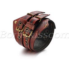 Men's Punk Retro Wide Brown Adjustable Leather Strap Buckle Bangle Bracelet Cuff