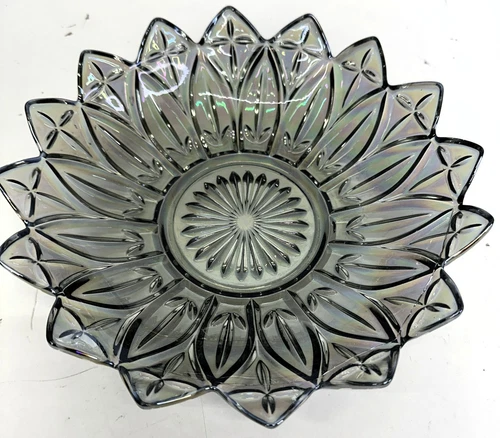 Vintage Federal Carnival Glass Bowl Starburst Blue Iridescent Petal 10.25"