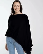 NWT Alashan Cotton Cashmere Black Mini Ruffle Edge Poncho Topper One Size