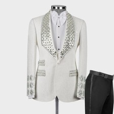 Men White Beaded Suit Single Breasted Jacket Crystals Shawl Lapel Tuxedo Party
