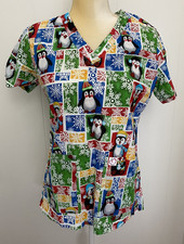 Peaches Womens Small Scrub Nurse Vet Top Penguins Winter Snow Christmas Holiday