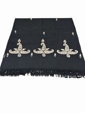 Embroidered Black Wrap Fringed Scarf 76  x 25  Pashmina Wool Suzani Stitch VTG