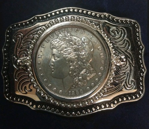 1890 Genuine Morgan Silver Dollar in Belt Buckle 