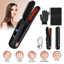 2 In 1 Rechargeable Hair Straightener Comb Brush w/ Carry Bag Anti-scald Gloves
