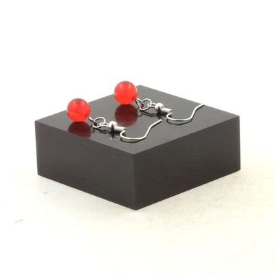 Boucles D'oreilles 1 Perle Calcédoine rouge 8 mm en acier inoxydable. Fabriqué - Photo 1/2