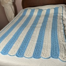 Afghan new Throw Blanket Crochet Striped Scalloped blue White Handmade 44 x 60