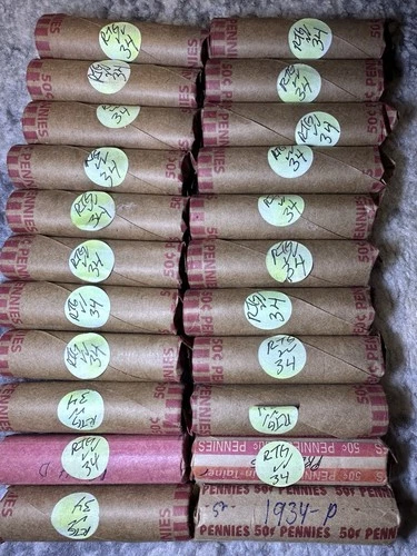 (22) 1934 (P) LINCOLN WHEAT CENT ROLLS 50 coins Good -Fine condition 1100 coins