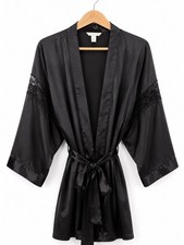 Victoria  s Secret Black Satin Lace Trim Kimono Robe Tie Waist M/L Loungewear