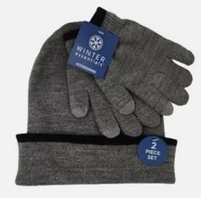Winter Essentials Kids Cozy 2-Piece Knit Gray Beanie and Gloves Set