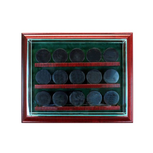 15 Hockey Cabinet Style Display Case Fifteen Puck Hinged Door Glass Suede  - Picture 1 of 5