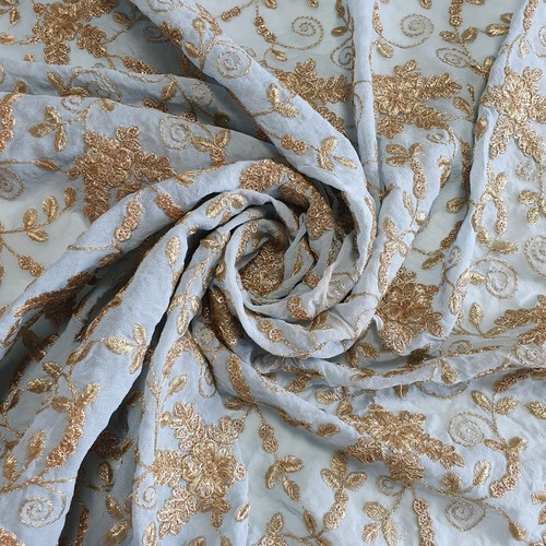 CREPE FLORAL GOLD ZARI EMBROIDERY MATERIAL DRESS CRAFT COSTUME FABRIC 44" METER - Picture 4 of 11