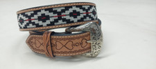 Cowboy Rodeo Full Grain Leather Hand Tooled Western Beaded Belt Removable Buckle