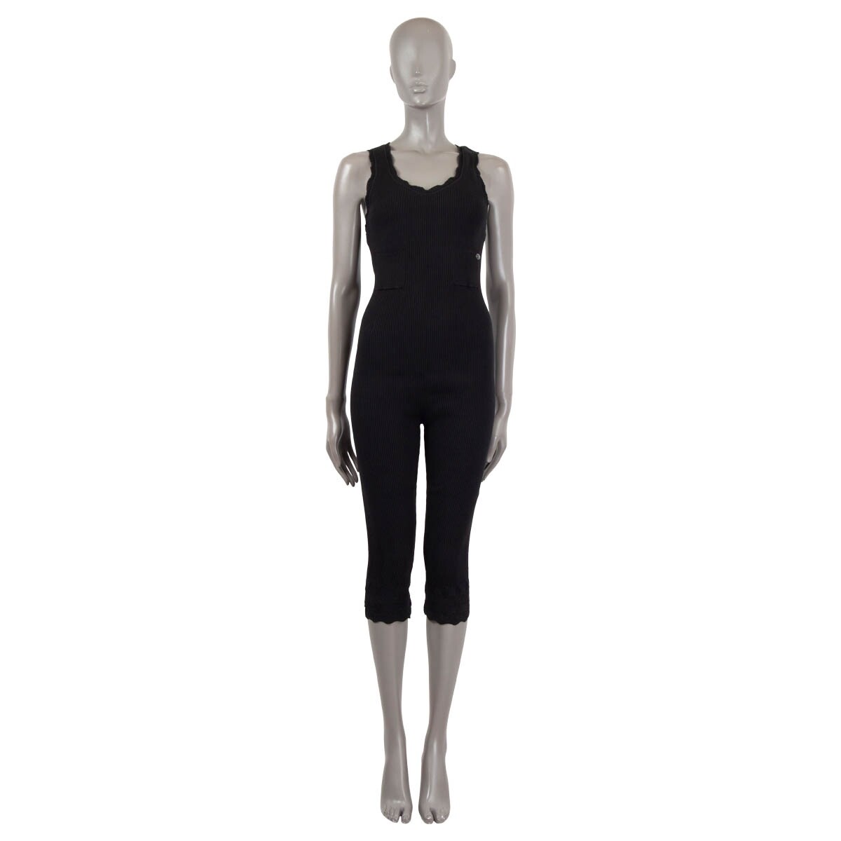 67744 auth CHANEL black cotton 2018 18S RIB KNIT CROPPED Jumpsuit