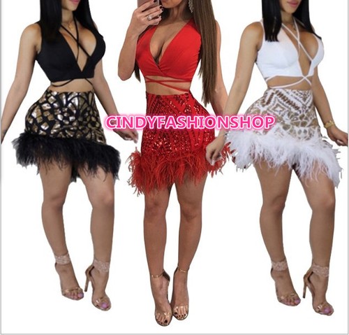 New-Women-Feather-Party-Two-Piece-Sequin-Set-V-Neck-Bandage-Mini-Dress-S2