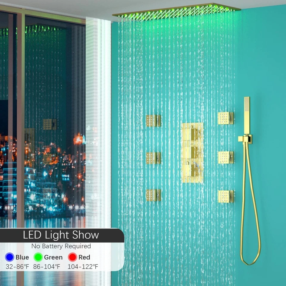 Brushed Gold 16x32" Rain Shower Faucet Set Kit Thermostatic Massage System Combo - Image 3 of 4