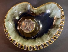 Vintage MCM USA Glazed Ceramic Ashtray Green Black - Metal Initial Monogram “M”