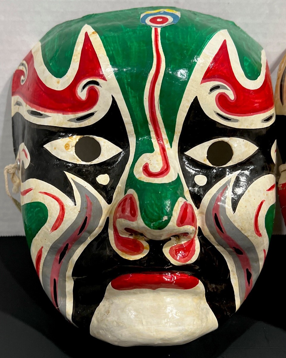 Set Of 2 Chinese Opera Papier Mache & Plaster Mask, Hand-Painted