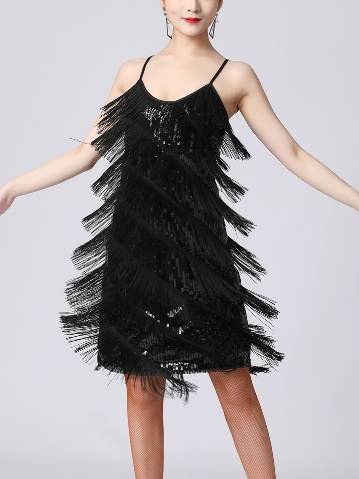 Women Sequins Fringe Tassel Flapper Dress Samba Chacha Tango Latin ...