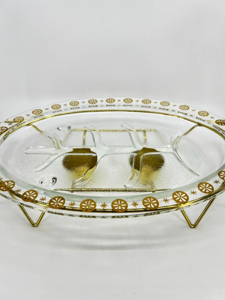 Bandeja de calentamiento de latón teca plato de carne ovalado atómico MCMGlasbake con calentador de luz de té Foto 3 de 4