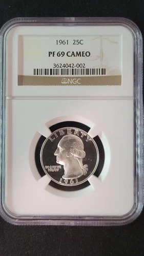 1961 Washington Quarter 25C NGC PF 69 CAMEO – 90% Silver Proof, Older NGC Holder