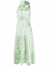 New Rixo Eleanor Camo Floral Tie-Neck Halter Midi Dress Sz L