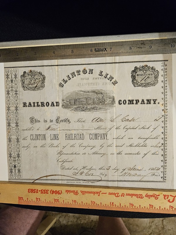 1854 Clinton Line Railroad Company Stock Certificate 10 Shares Uncanceled