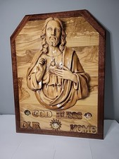 Jesus Sacred Heart Olive Wood God Bless Our Home Relics Plaque