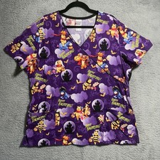 Disney Halloween Scrub Top Womans XL Purple Winnie The Pooh Tigger Piglet Spooky