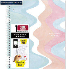 Five Star Spiral Notebook  Study App, 1 Subject, Wide Ruled, 8" Pastel Waves