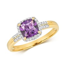 😍☀️ 9ct Yellow Gold Cushion Cut Amethyst and Diamond. Ring Sizes J to Q (A450A)