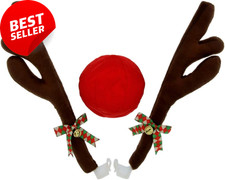Reindeer Antlers Nose Car Kit Xmas Decor w/ Bells Easy Install Universal