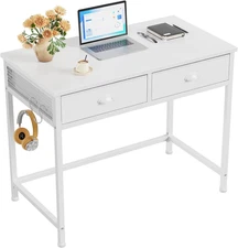 White Small Computer Desk with 2 Fabric Drawers for Bedroom,34 Inch Simple Home 