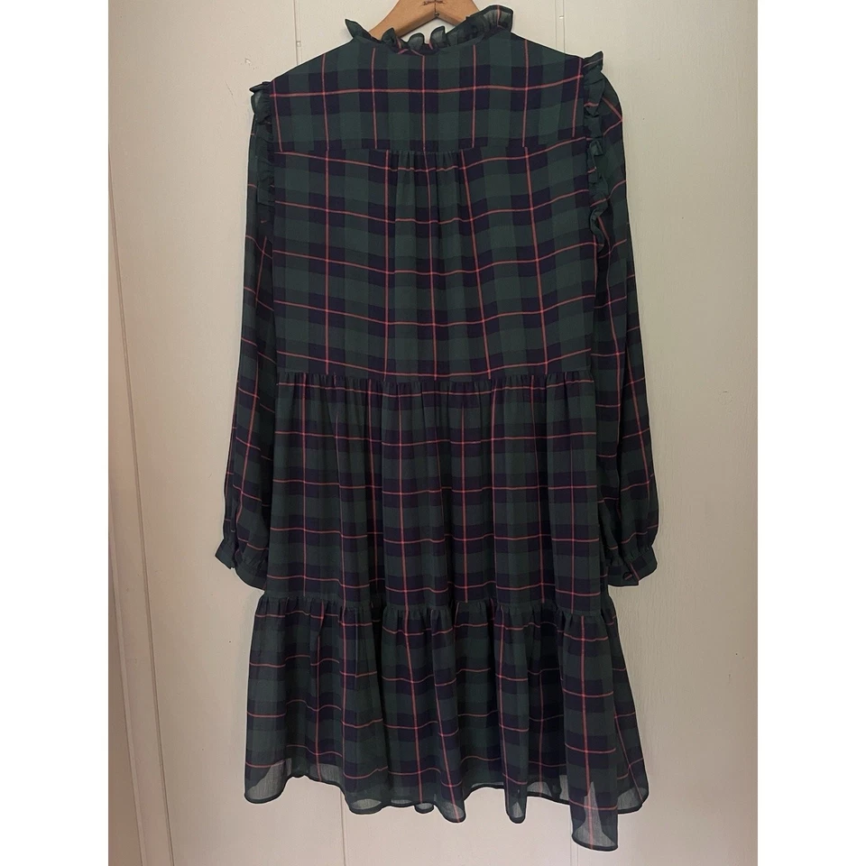 J Crew Classic Black Watch Preppy Holiday Plaid Tie-Neck Tiered Dress Pockets S - Image 3 of 4