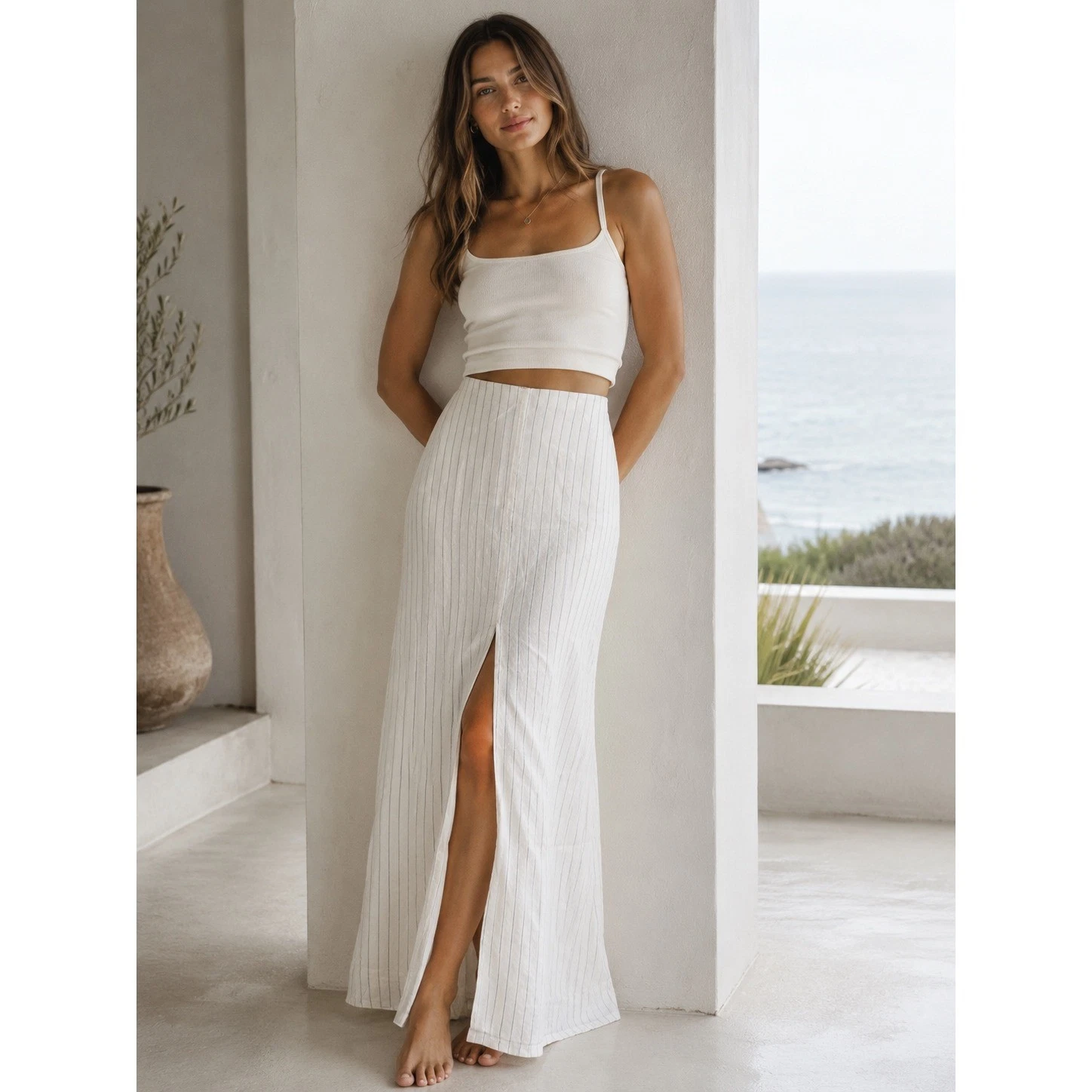 Abercrombie & Fitch Maxi Skirt Womens XS Tall Cream Pinstripe Linen Blend Slit